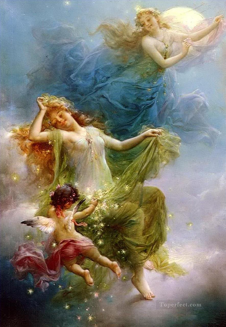 girls and angel In The Night Sky Hans Zatzka Oil Paintings